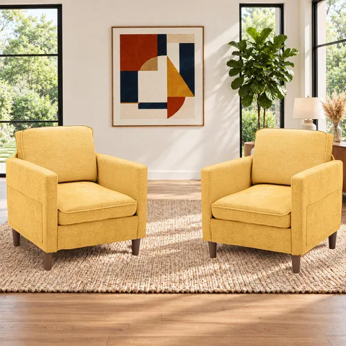 Vista 30 de Kingfun Juego de 2 sillas decorativas, sillas de sala de estar, sillón de lectura de mediados de siglo, felpilla con pie de madera maciza