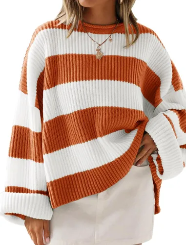 Vista 14 de ZESICA Suéter tejido sin botones de manga larga y cuello redondo, a rayas, bloques de color, cómodo, holgado, talla extragrande para mujer de 2024