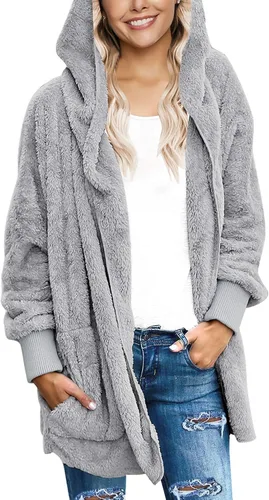 Vista 4 de luvamia - Chaqueta con capucha para mujer, diseño de vellón mullido, abierta, abrigo con bolsillos delanteros