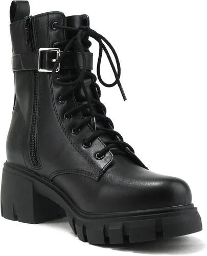 Vista 4 de Soda Breach Botines de tacón grueso con suela de lengüeta para mujer, con cremallera lateral y bolsa
