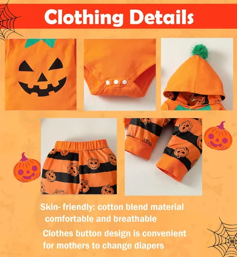 Vista 3 de Traje de Halloween para niño recién nacido ropa de calabaza para bebé