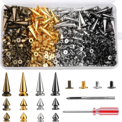 Vista 8 de QMNNMA Kit de 120 Juegos de Pinchos y Tachuelas Punk, Pinchos Cónicos de 4 Colores, Tachuelas Atornillables de Pinchos Metálicos de 3 Tamaños