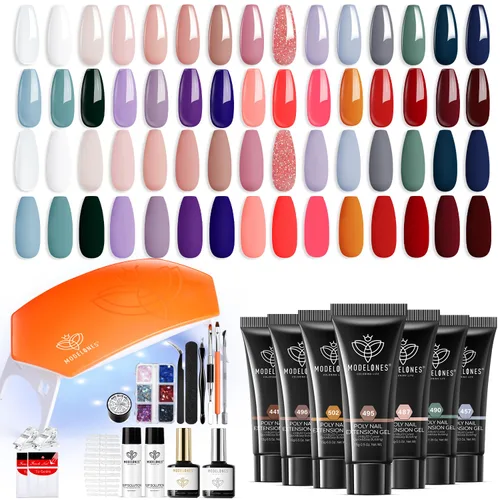 Vista 10 de Modelones Kit de uñas de poligel de 30 colores con lámpara de uñas de 8 W, rosa, amarillo, dorado, nude, formas de uñas, constructor de soluciones
