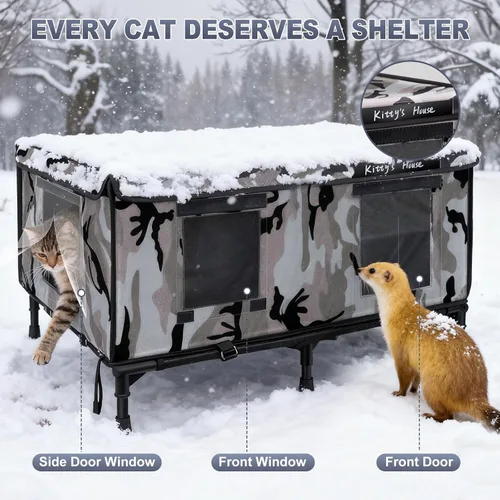 Vista 6 de Casa para gatos al aire libre – Refugio resistente a la intemperie para gatos con 2 puertas y cubierta para lluvia, casa impermeable para gatos