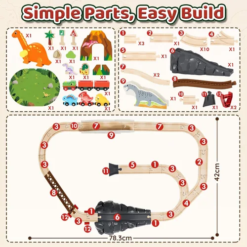 Vista 7 de Lehoo Castle Juego de Tren de Madera - Juego de Tren de Dinosaurio para Niños Pequeños de 2-4 Años, Juguetes de Vías de Tren de Madera y Conjunto