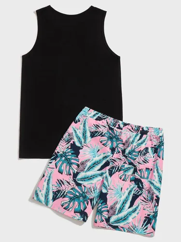 Vista 2 de GORGLITTER Conjunto de 2 piezas para hombre, con estampado floral, cintura elástica, pantalones cortos sin mangas