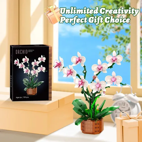Vista 4 de Bilinott Juego de Bloques de Construcción de Flores de Orquídea, Conjunto de Construcción de Flores Artificiales de Interior para Hogar, Cocina