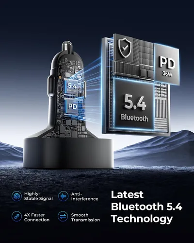 Vista 4 de LENCENT Bluetooth 5.4 Adaptador de coche Transmisor FM 54W Carga rápida Dual Mics, HiFi Bass Sound, 2 Modes LED Backlit, Cigarette Lighter Adapter