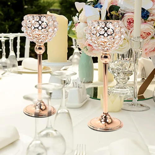 Vista 5 de Juego de 2 portavelas de cristal dorado con base de alta resistencia, portavelas con luces de té brillantes, decoración de mesa de comedor, centro