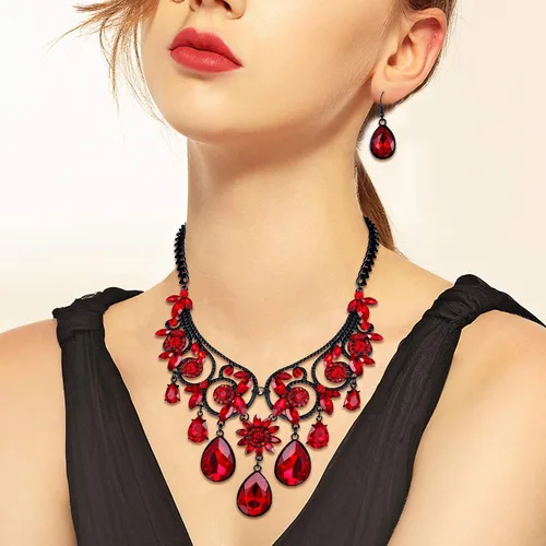 Vista 3 de BriLove - Juego de collar y aretes para mujer diseño tribal étnico de cristal