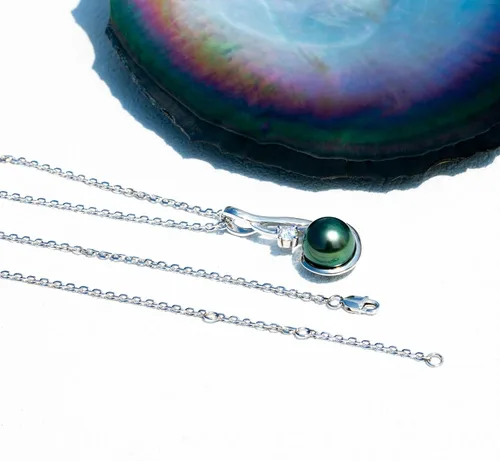 Vista 5 de Collar de perlas negras de Tahití, perlas negras de Tahití seleccionadas a mano de calidad AAAA de 0.354-0.433 in, moissanita de color D, plata