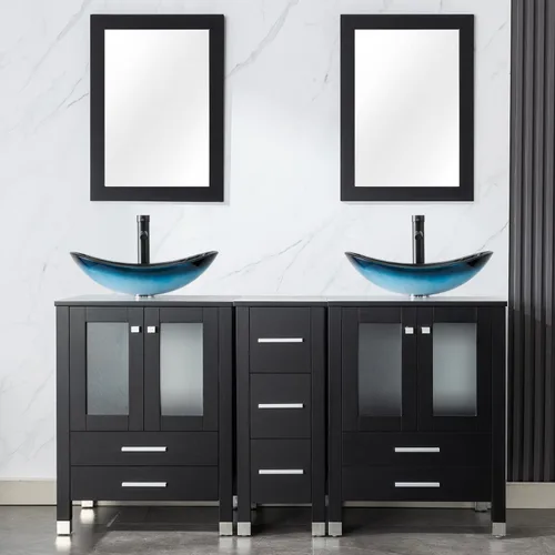 Vista 11 de LUCKWIND 60" Double 24" Bathroom Vanity with Sink Combo, Elegant Series with One 12.6-in Side Cabinet, Painted Frame, Including Tempered Glass Round