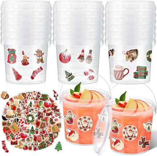 Vista 22 de PerKoop 20 cubos de helado de 32 onzas con tapas y asas, cubos transparentes de ron de cóctel con calcomanías, tina transparente de plástico