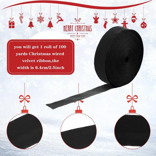 Vista 2 de Cinta de terciopelo de Navidad de 100 yardas, cinta ancha de Navidad con cable, cinta de Navidad para exteriores, impermeable, envoltura