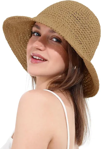 Vista 5 de Sombrero de sol para mujer, hecho a mano, cubo de paja de ganchillo para verano, plegable, gorra de viaje Caqui