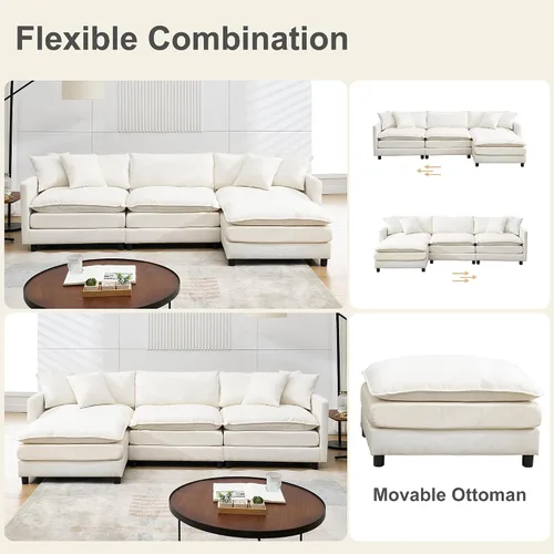 Vista 5 de Sofá modular modular de pana de 108.27 pulgadas, moderno juego de sofá para sala de estar con 3 asientos, 1 otomana y 3 almohadas, cómodos sofás