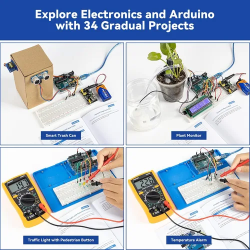 Vista 6 de Kit de iniciación Inventor Lab de SunFounder con placa Arduino Uno R3 REV3 original, multímetro, 34 proyectos, soporte para protoboard RAB, batería