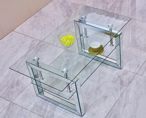 Vista 7 de Mesa de café moderna de vidrio para sala de estar, oficina, mesa de centro rectangular de 2 niveles de 39.4 pulgadas con patas espejadas, mesa
