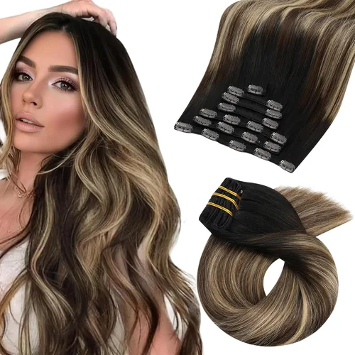 Vista 64 de Moresoo Extensiones de cabello humano con clip, balayage, color marrón oscuro a marrón dorado con clip, extensiones de cabello humano con clip, 5