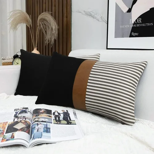 Vista 21 de Cygnus - Juego de 2 fundas de almohada de 16 x 16 pulgadas hechas de lino y de la unión de distintas telas con diseño de rayas para decoración Negro
