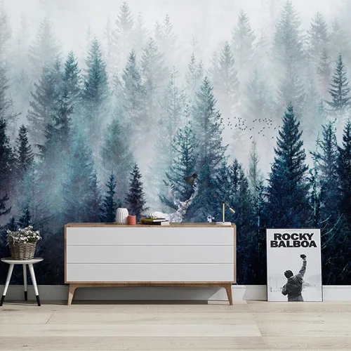 Vista 2 de Mural de pared con paisaje de bosque brumoso extraíble, autoadhesivo, impermeable, póster para decoración de pared para dormitorio, sala de estar