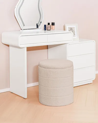 Vista 8 de B FSOBEIIALEO Otomana con Almacenamiento, Taburete Otomano de Almacenamiento Redondo Sherpa, Reposapiés Boucle 14.6"x14.6"x17.7" (Beige)