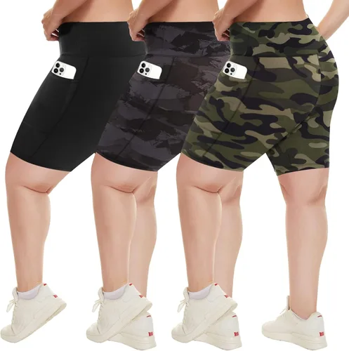 Vista 19 de HLTPRO 3 Pack Plus Size Biker Shorts for Women, Pocket & No-Pocket Options Negro/Beige Rosa/ Gris