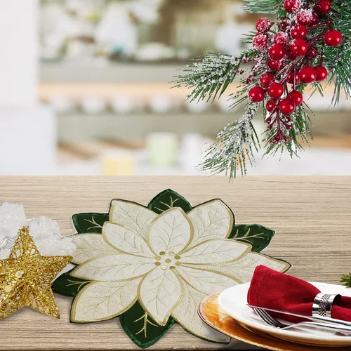 Vista 2 de OWENIE Juego de 4 manteles individuales de Navidad, Tela bordada con destello dorado brillante con flores de nochebuena, manteles redondos de 38 cm
