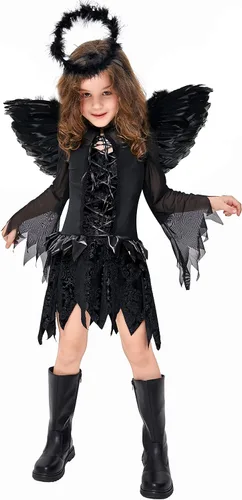 Vista 2 de Doxrmuru Vestido de ángel caído para niñas para disfraz de Halloween con alas negras