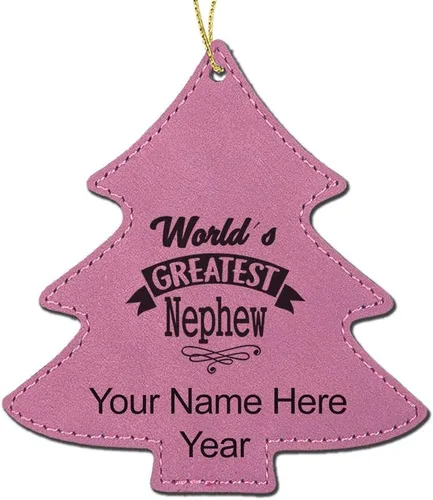 Vista 4 de LaserGram Adorno de Navidad personalizado, sobrino más grande del mundo, piel sintética, idea de regalo grabada con láser personalizado