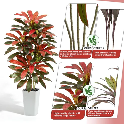 Vista 4 de Árbol de Dracaena artificial rojo de 6 pies, plantas falsas altas Hoja blanco-roja