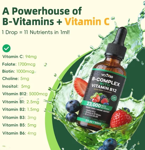 Vista 2 de Gotas de complejo de vitamina B, metilcobalamina activa B12 5000mcg, B6, B1, B2, B5, B7, B3, folato con vitamina C, líquido sublingual B12