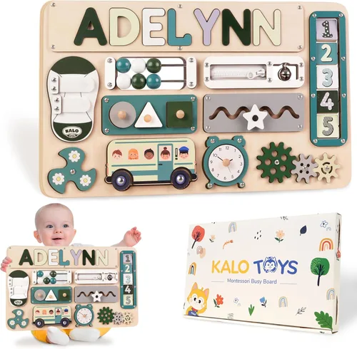 Vista 11 de KALOTOYS Tablero de actividades Montessori grande, juguetes sensoriales para niños de 1, 2, 3 años, habilidades motoras finas y aprendizaje Verde