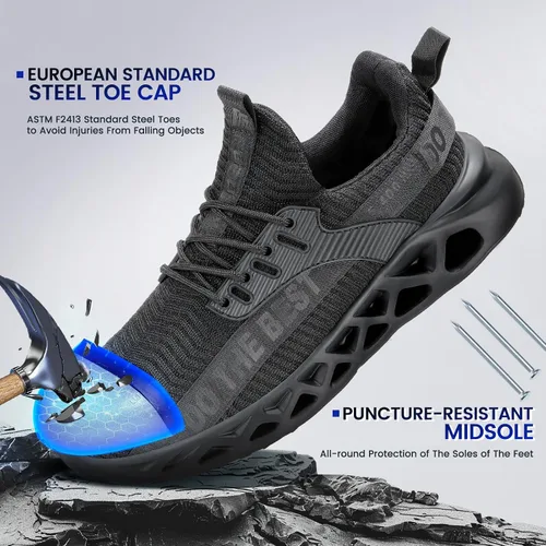 Vista 34 de Furuian - Tenis con punta de acero para hombres y mujeres, zapatos de seguridad ligeros, cómodos, a prueba de pinchazos, zapatos de trabajo
