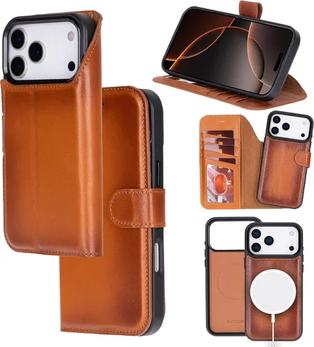 Vista 10 de Bayelon Funda tipo cartera para iPhone 15 Pro, cartera de cuero de grano completo, funda magnética desmontable, tarjetero, funda tipo cartera