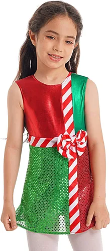 Vista 3 de JEATHA Vestido de leotardo de lentejuelas metálicas brillantes para niños y niñas, diseño de bloques de color a rayas, con lazo