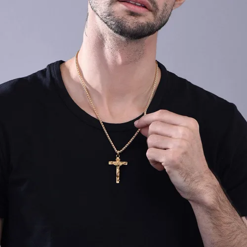 Vista 2 de U7 Men Crucifix Cross Pendant with Chain Baptism Christian Jewelry Stainless Steel18K Gold Antique Jesus Necklace Gift PackedLength 22