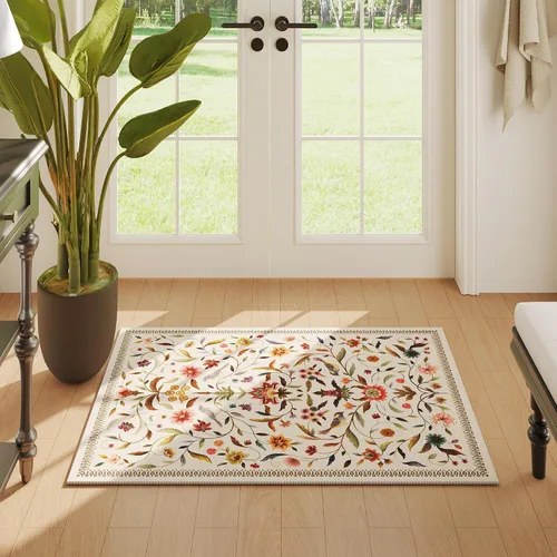 Vista 2 de Alfombra de entrada vintage con medallón floral de 2 x 3 pulgadas, lavable a máquina, alfombra de entrada de pelo bajo, suave, pequeña, alfombra