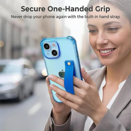 Vista 4 de Funda compatible con iPhone 15 con soporte para correa, color azul, soporte de pulsera, TPU suave transparente, bucle de agarre ajustable