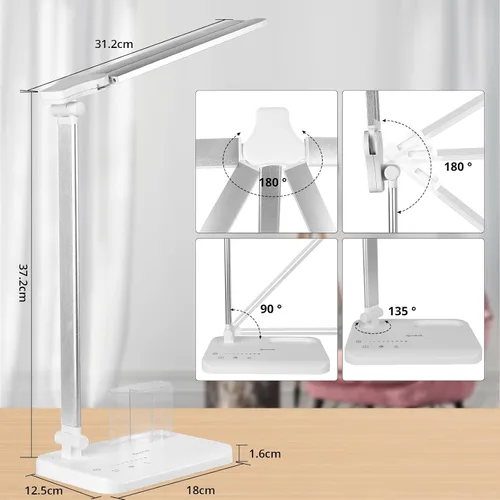 Vista 6 de Qooltek Lámpara de escritorio LED para oficina en casa, lámpara de mesa con control táctil con 5 modos de color y brillo ajustable, brazo oscilante