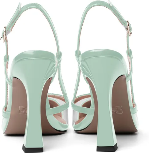 Vista 4 de AMBELIGHT Zapatos de vestir con puntera puntiaguda transparente para mujer, sandalias de charol grueso para citas, zapatos de tacón alto de aguja