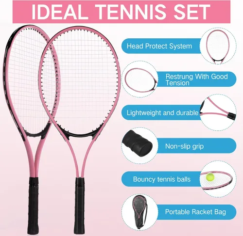 Vista 4 de 4 raquetas de tenis para adultos recreativas para 4 jugadores, raqueta de tenis ligera de 27 pulgadas con 3 pelotas de tenis para entrenar