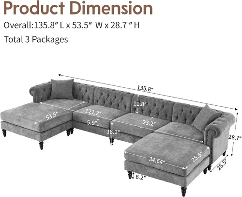 Vista 2 de ORRD Sofá Chesterfield en Forma de U, Sofá Seccional de Lino de Gran Tamaño, Sofá Chaise Otomano Tapizado con Acentos Capitoné con Reposabrazos