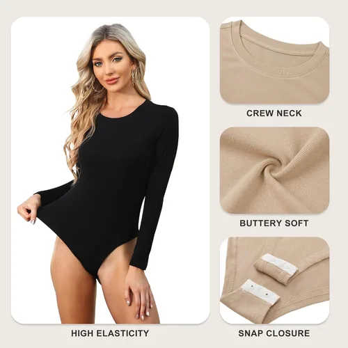 Vista 6 de CE' CERDR Paquete de 4/5 Bodies de Manga Larga para Mujer Cuello Redondo Casual Elástico Camisetas Básicas Cuello Redondo Body Suits Tops
