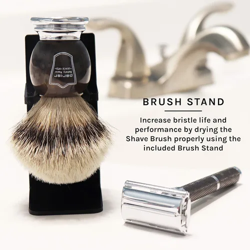 Vista 2 de Brocha de afeitar Parker Safety Razor con cerdas 100 % de pelo de tejón plata y mango de imitación de cuerno, con soporte incluido.