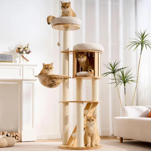 Vista 13 de HITTITE Moderna torre de árbol para gatos con poste rascador, torres para gatos de 46 pulgadas de alto con nidos y cueva tejidos, árbol para gatos