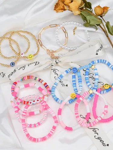 Vista 7 de Abitoncc Preppy Heishi - Juego de pulseras de surfista para niñas adolescentes, bonitos aretes estéticos, anillos estéticos preppy coloridos de oro