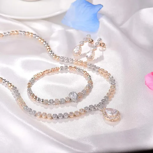 Vista 4 de Hadskiss - Juego de joyas, collar y aretes colgantes, chapado en oro blanco con circonia cúbica blanca AAA, joyería para bodas y fiestas