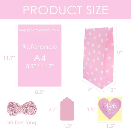 Vista 3 de SMINTINE Paquete de 30 bolsas de golosinas rosas con calcomanías de agradecimiento, etiquetas de papel, cuerda de algodón para panaderos, bolsas