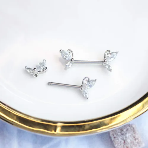 Vista 6 de CHARM ONLINE 2PCS 14G 316L Stainless Steel Clear Butterfly CZ Nipple Rings Barbell Crystal Nipple Piercings Jewelry for Women